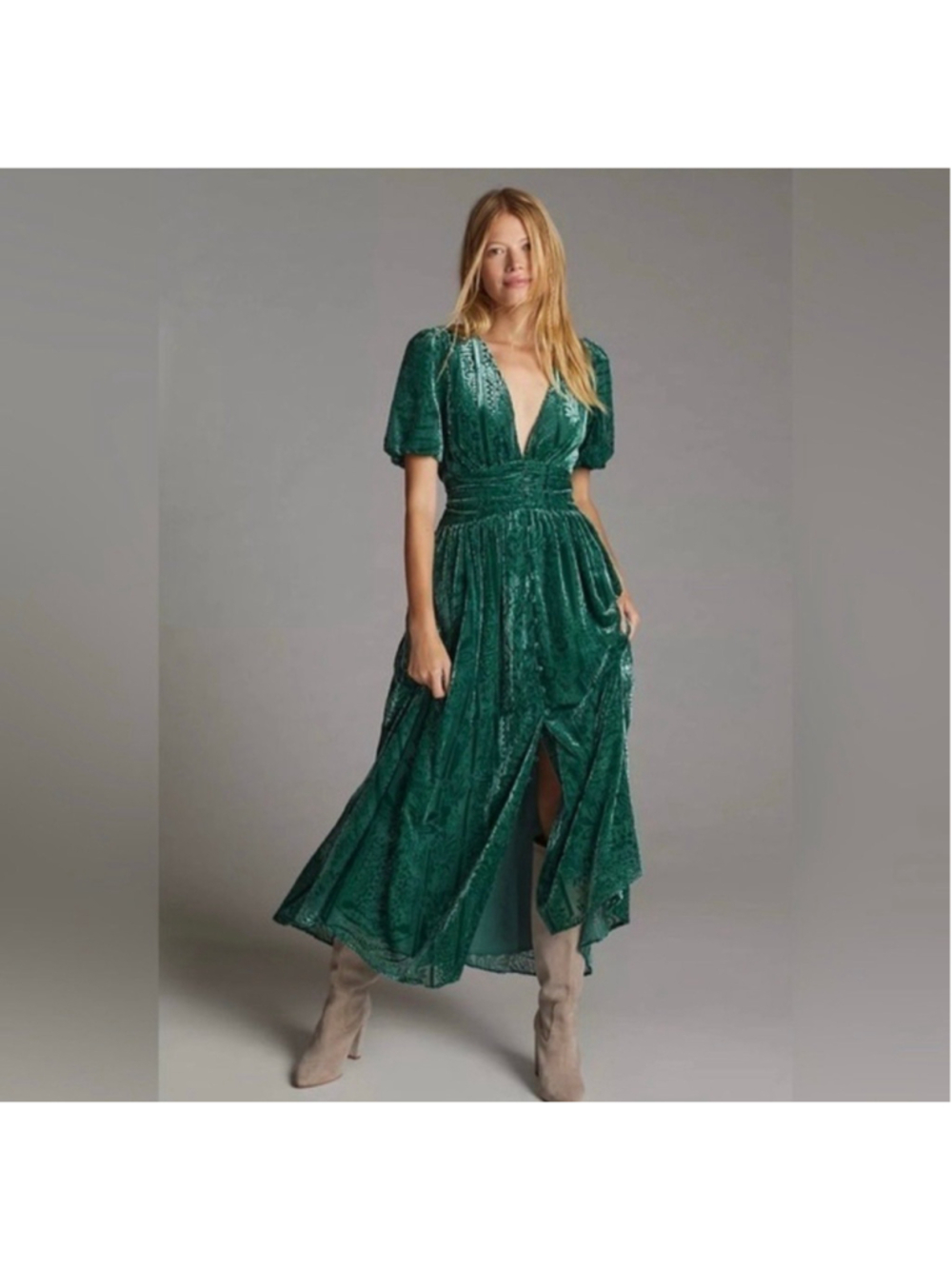 Anthropologie Emerald Green Puff-Sleeved Burnout Velvet Maxi Dress